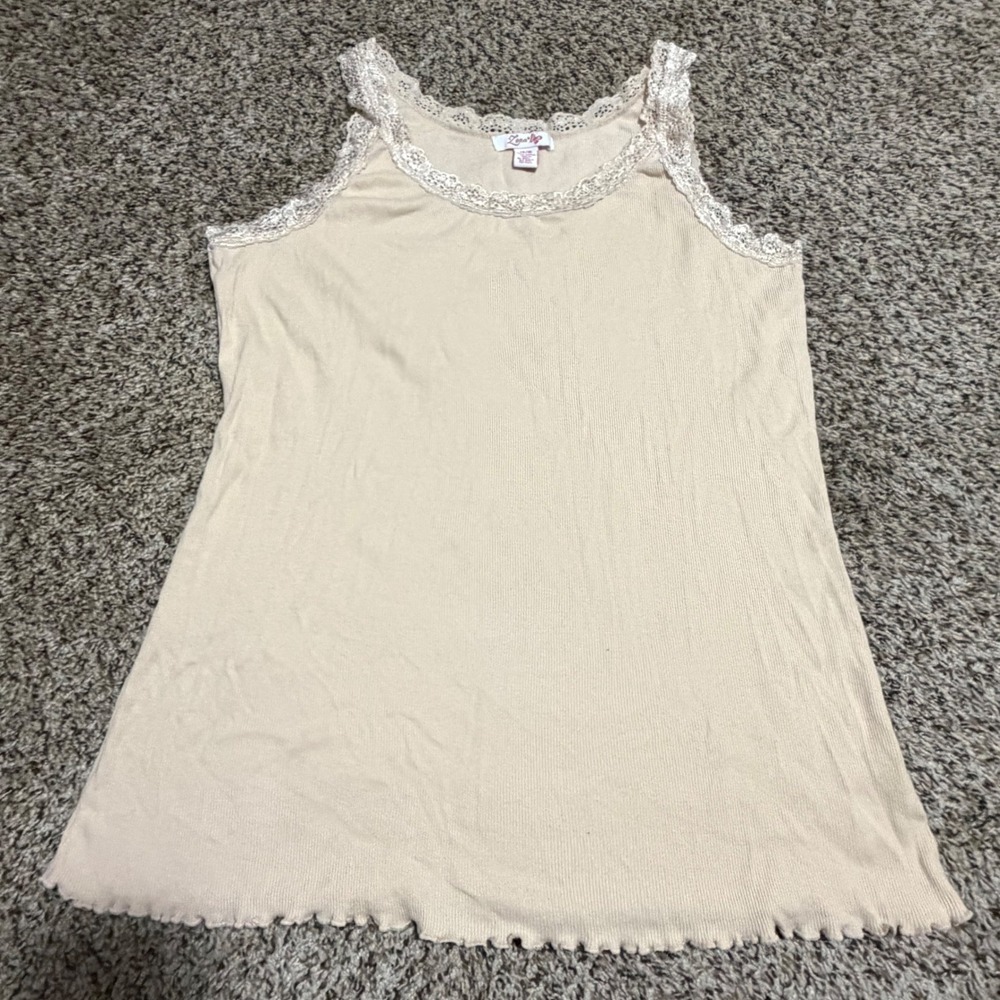 Zena Womens Beige Ribbed Lace Trim Lettuce Hem Cotton Tank Top Size 14/16